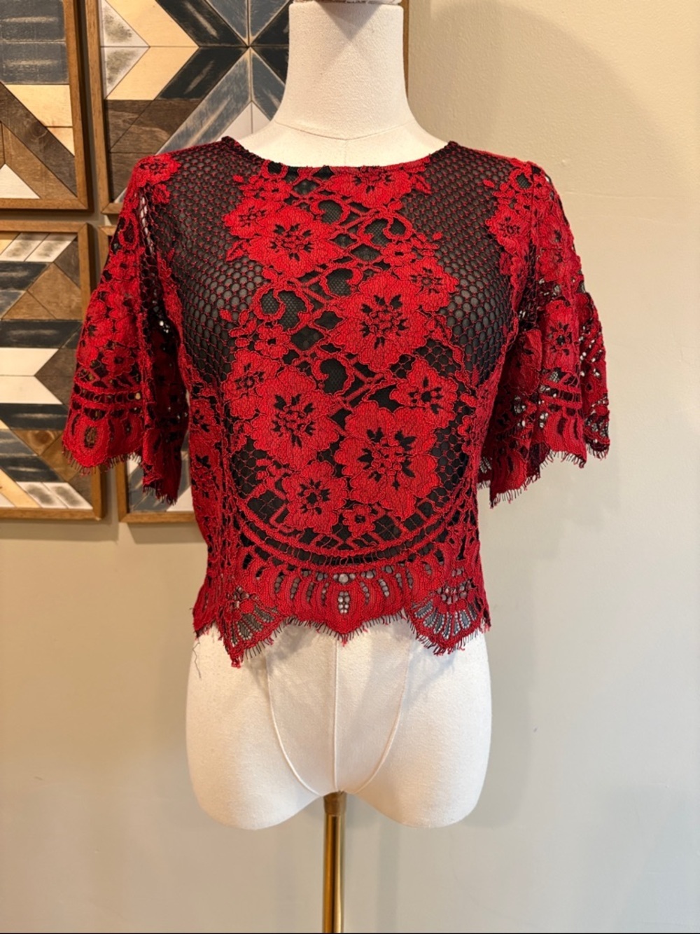 Alexis Red and Black Floral Lace Ruffle Sleeve Top XS